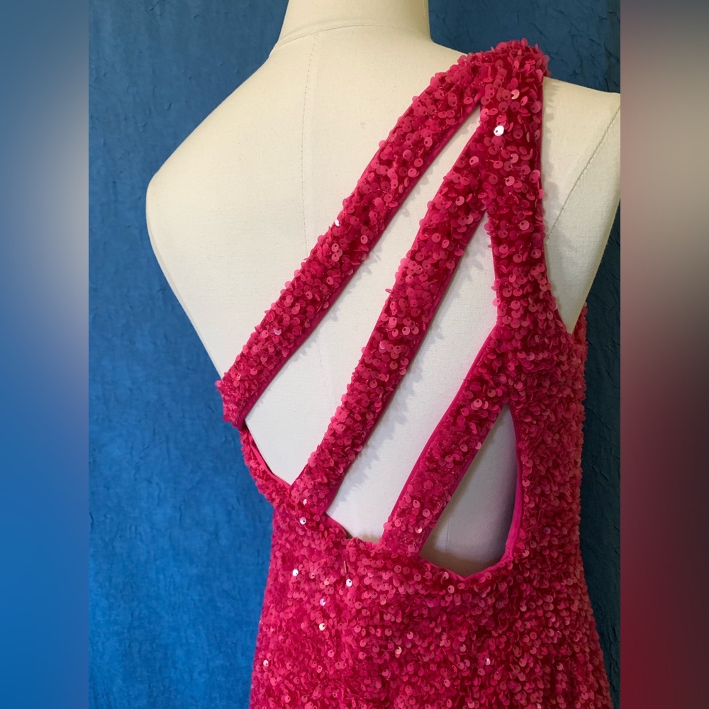 OneShoulder Column Sequin Gown Train Fuchsia Magenta Hot Pink Statement - Picture 2 of 15
